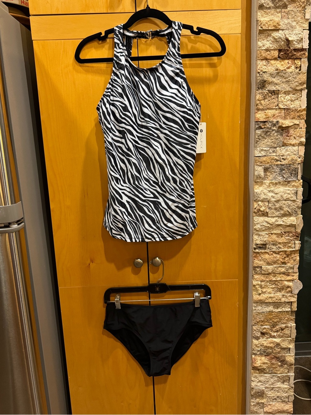 Zebra Print Tankini Top with Black Bikini Bottoms